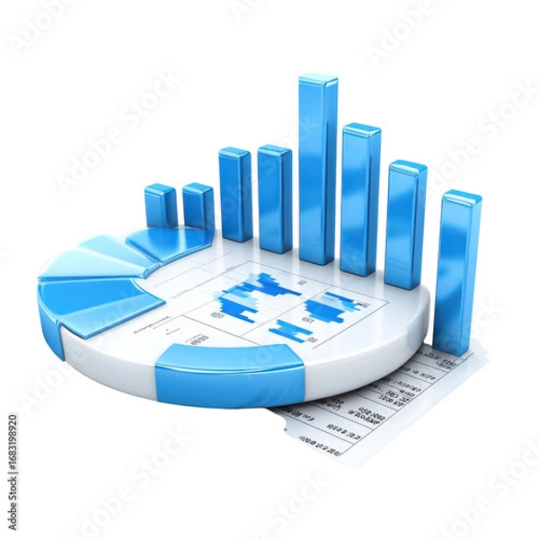 Fototapeta 3d rendering of a pie chart and bar graph showing business data and financial analysis on a white surface with a for presentations on transparent background