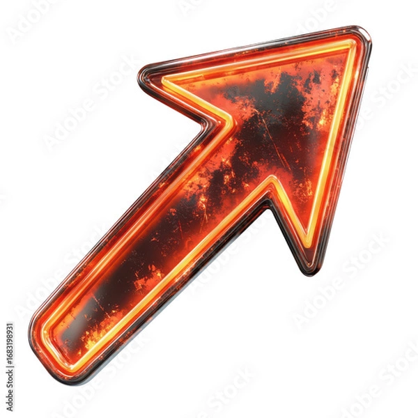 Fototapeta Fiery arrow pointing upwards and to the right glowing with orange and red light against a indicating direction and movement forward on transparent background