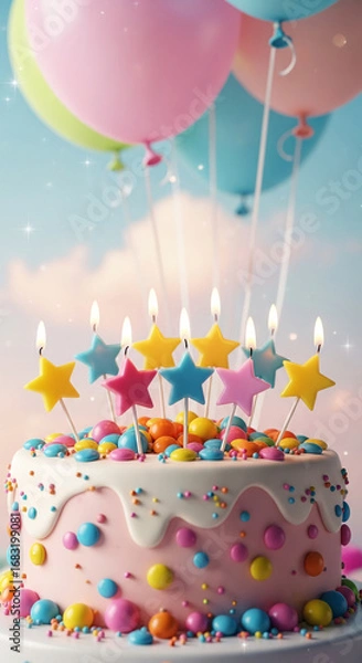 Obraz Pink birthday cake with colorful candies, star-shaped candles, and pastel balloons in the background, symbolizing celebration, joy, and festivity, perfect for birthday invitations or party decorations