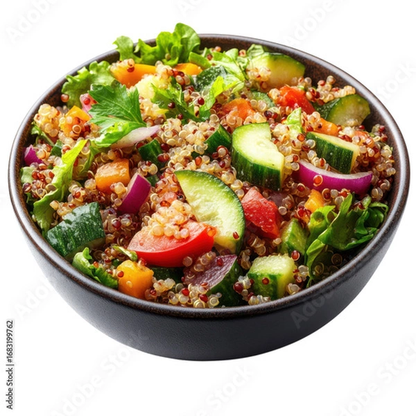 Fototapeta Fresh quinoa salad with colorful vegetables like tomatoes cucumbers and onions in a bowl perfect for healthy eating and dietary meal plans on transparent background
