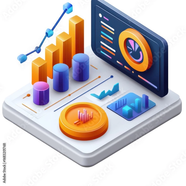 Fototapeta Isometric data analysis platform displaying financial charts graphs and business analytics for strategic decisionmaking and investment insights on transparent background