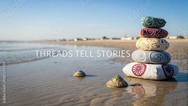 Obraz Decorative painted stones stacked on beach with calm sea background