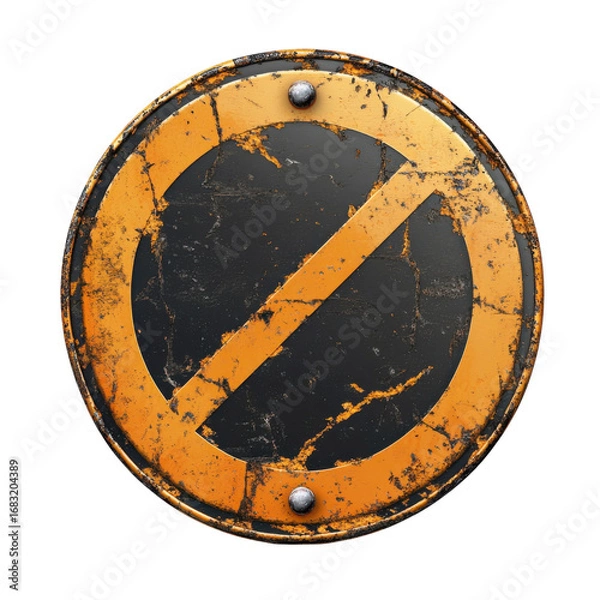Fototapeta Distressed metal sign with a bold yellow prohibition symbol against a showcasing industrial texture and aged aesthetic for warning concepts on transparent background