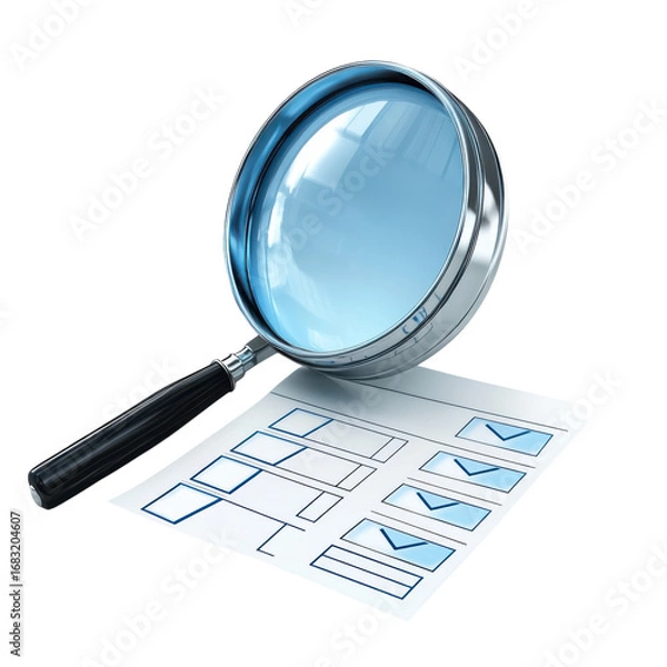 Fototapeta Magnifying glass rests on a flow chart diagram symbolizing analysis research and strategic planning for business and organizational development on transparent background