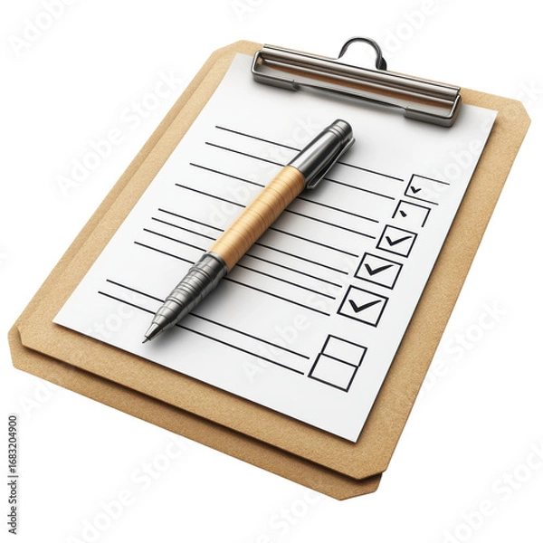 Fototapeta Clipboard with checklist and pen shows completed tasks ideal for project management todo lists and organizational efficiency in business settings on transparent background