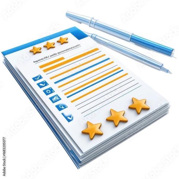 Fototapeta Customer feedback form with star ratings and checkmarks accompanied by pens ideal for surveys and service evaluations ensuring quality control on transparent background