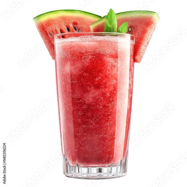 Fototapeta Refreshing watermelon smoothie in a tall glass garnished with watermelon slices and mint leaves against a for a summer treat delicious drink on transparent background