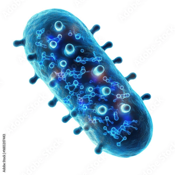 Fototapeta Detailed microscopic view of a blue bacteria cell with surface structures and internal molecules against a for scientific illustration use on transparent background