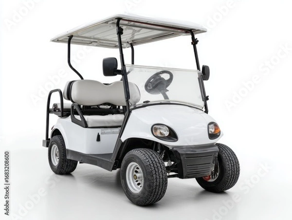 Fototapeta A full shot of a pristine white golf cart, featuring a comfortable interior and sturdy build.