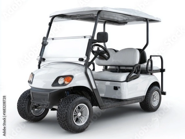 Fototapeta A pristine white golf cart, featuring a clear windshield and comfortable seating, stands out against a pure white backdrop.