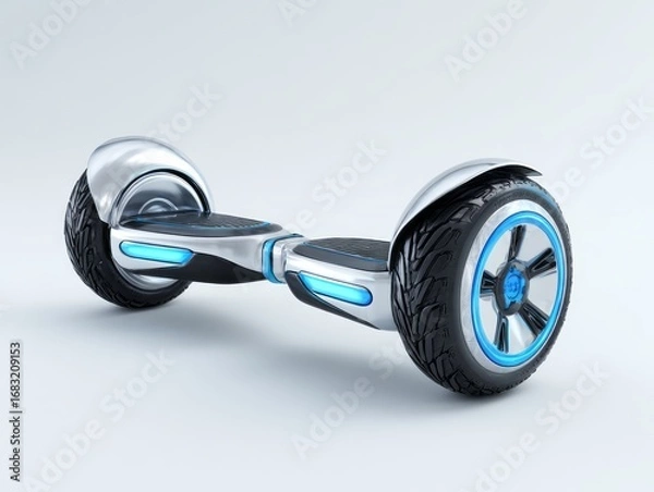 Fototapeta Sleek, modern personal transportation device with vibrant blue accents, presented on a plain white background.