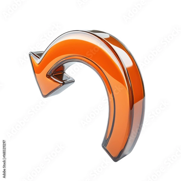 Fototapeta Glossy orange arrow curves downward against a black backdrop symbolizing direction navigation and a return or refresh in a sleek modern design element on transparent background