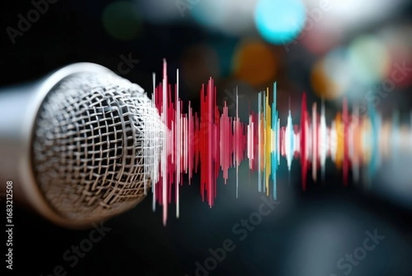 Fototapeta AI transcribes voice data with microphone and soundwave visualization