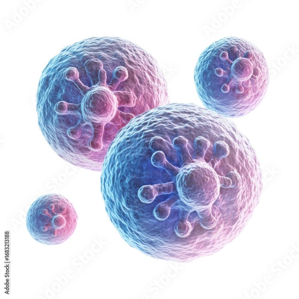 Fototapeta Microscopic view of virus cells with pink and blue hues floating against a representing medical research and scientific visualization on transparent background