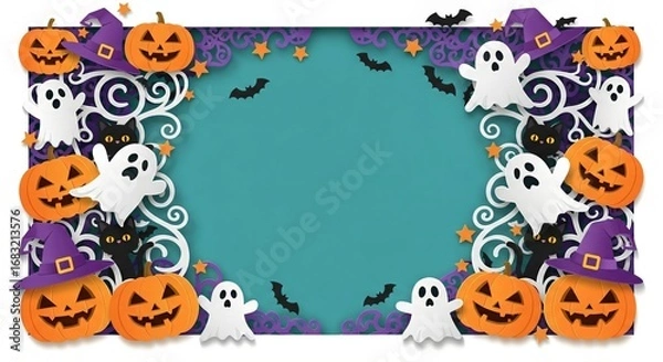 Fototapeta Halloween frame with pumpkins, ghosts, bats, witch hats, and stars, decorative teal-purple palette, party invitation background