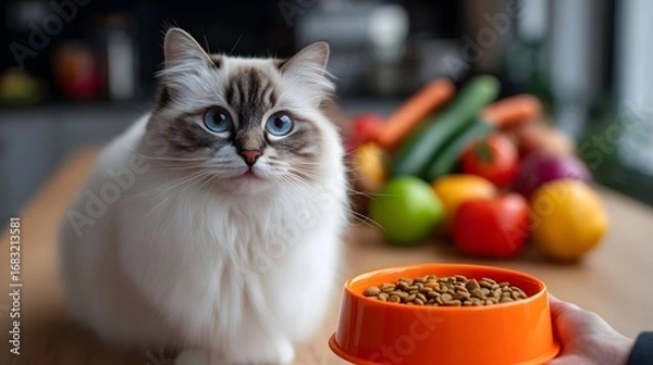 Fototapeta A fluffy, domestic cat sitting on a kitchen table, curiously observing a bowl of pet food and an array of colorful, healthy vegetables.