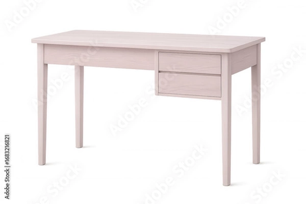 Fototapeta Pale pink wooden desk featuring two drawers, minimalist design, clean backdrop highlighting modern workspace aesthetic