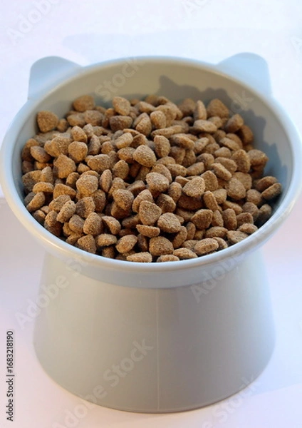 Fototapeta Dry cat food in a funny plastic bowl in the shape of a cat's head on a white background.