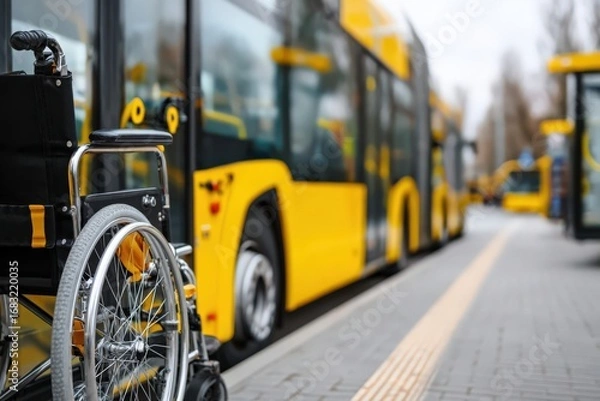 Fototapeta Wheelchair accessible public transportation at bus stop during daytime Generative AI
