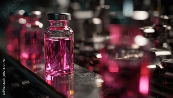 Fototapeta Pink liquid vials on a stainless steel conveyor belt in a dark industrial setting