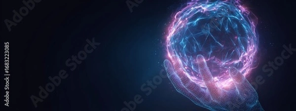 Fototapeta Glowing Holographic Sphere in Futuristic Energy Healing Concept with Hand Representation