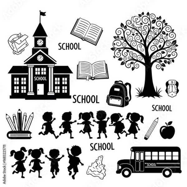Fototapeta Vector illustration of school elements with children, school bus, and tree