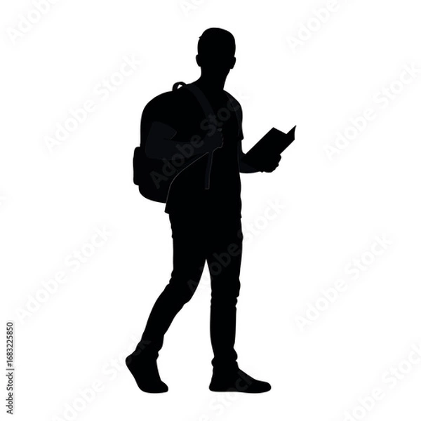 Fototapeta Vector illustration of silhouette of a student with a backpack reading a book