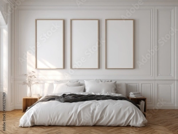 Fototapeta A white bedroom with a bed, nightstand, and three empty picture frames