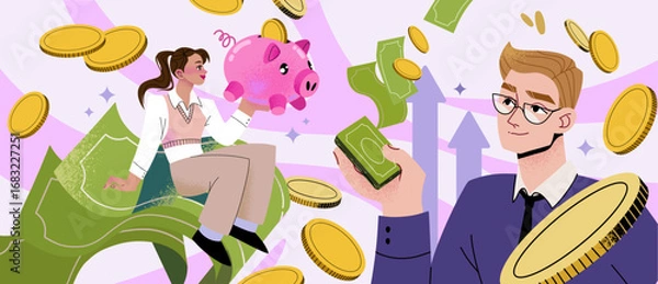 Fototapeta Banner with people, coins, green dollar paper and piggy bank floating in the air. Money saving, investment consultation service, personal financial consultant, Making Money banner 