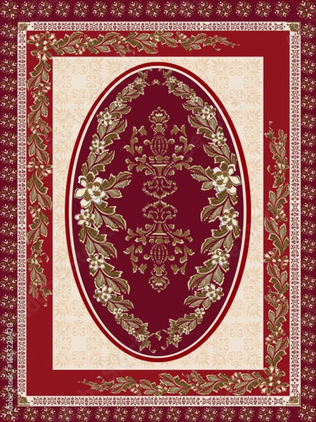 Fototapeta Hand-drawn vector carpet design featuring an elegant oval floral frame with classic ornamental patterns. Perfect for interior decoration, textile design, and luxury home decor projects