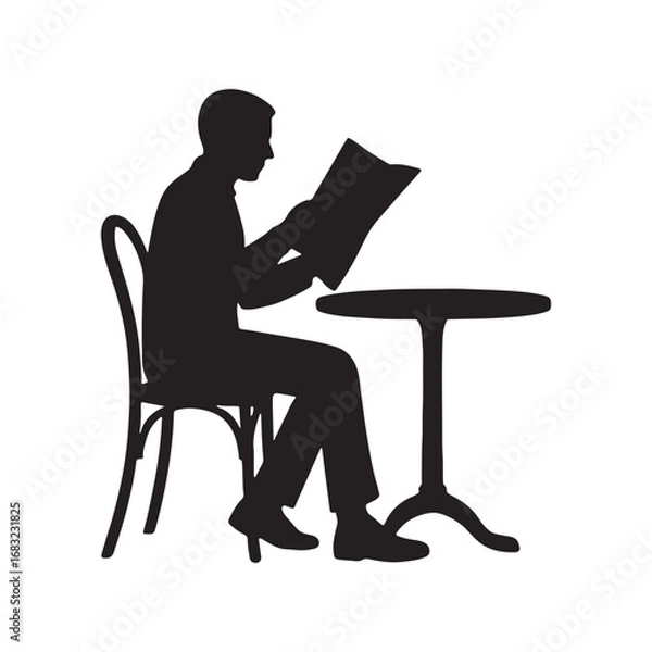 Obraz Silhouette of a man reading a newspaper at a cafe table relaxation and news