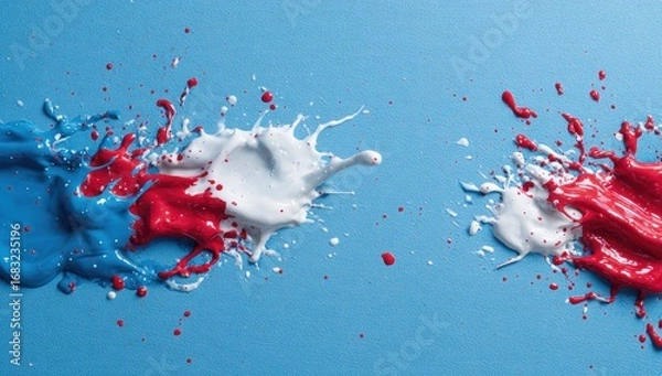 Fototapeta Abstract paint splatters in blue, red, and white on a light-blue background
