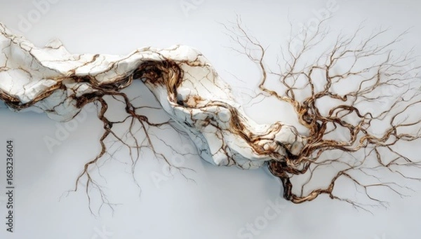Fototapeta Abstract sculpted form of flowing, root-like branches against a light background