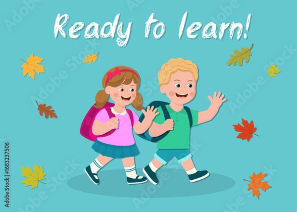 Fototapeta Happy school children,boy and girl with backpacks,walking to school,waving and smiling, ready for learning.Vector illustration on blue background.For school designs,children’s books,posters 