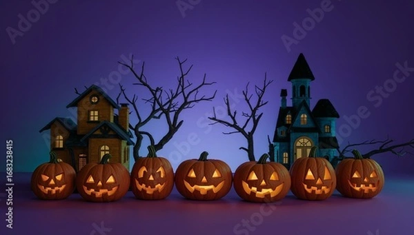 Fototapeta Eerie Halloween night scene with a row of glowing jack-o'-lanterns and spooky haunted houses under a purple sky