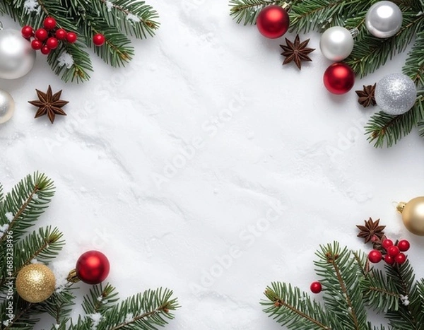 Fototapeta Flat lay of Christmas ornaments, pine branches, and berries arranged in a frame on a white marble background, creating a festive, wintery scene.