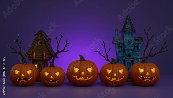 Fototapeta A row of glowing jack-o'-lanterns with spooky faces creates a festive Halloween atmosphere against a purple background with haunted houses