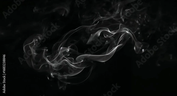 Fototapeta Graceful white smoke swirling in intricate patterns on a black background, representing air flow, mystery, and an abstract ethereal concept
