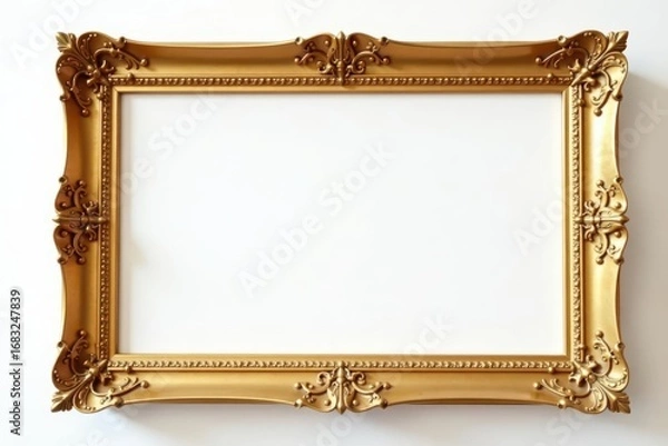 Fototapeta Grand gold frame, blank canvas, white backdrop, rococo, vintage