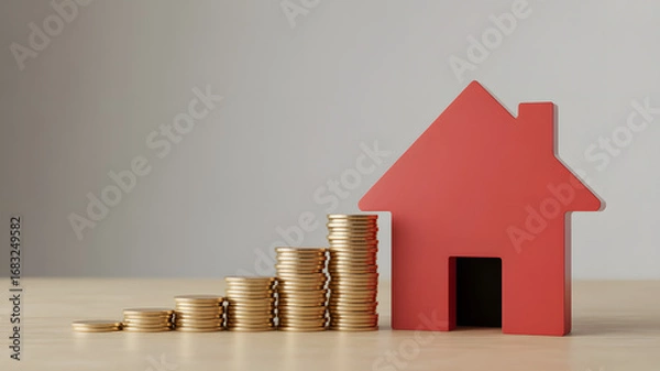 Fototapeta Rising house symbol with growing gold coin stacks representing financial success