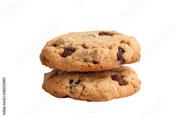 Fototapeta Delicious stacked oatmeal cookies with raisins on a white isolated background.
