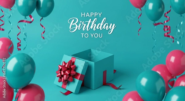 Fototapeta Teal gift box with red bow, surrounded by pink and teal balloons and ribbons, on a teal background, celebrating a birthday