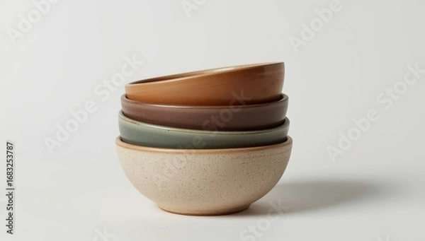 Fototapeta Stacked ceramic bowls create modern earthy kitchenware collection in neutral tones and simple design