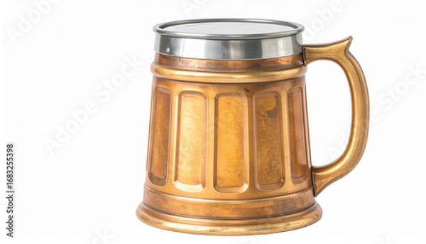 Fototapeta Wooden beer stein filled with golden ale, rustic Oktoberfest drink, isolated on white. Generated image