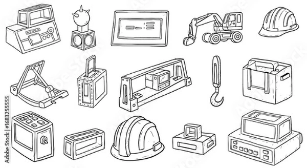 Fototapeta Construction objects line art illustration. Industry, building, engineering, tools, equipment, technology, machinery, mechanics, infrastructure.
