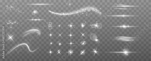 Fototapeta Light effects.Wind glare, explosions, shine, dust, lines, solar flares, sparks, sequins, stars, curved curls. Glow special effect of light