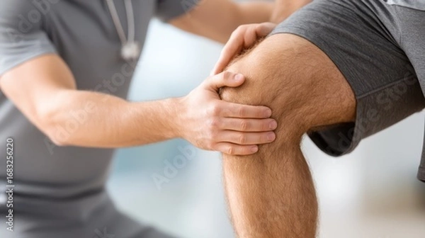 Fototapeta A physical therapist examines a patient's knee, demonstrating care and attention in a clinical setting focused on rehabilitation.