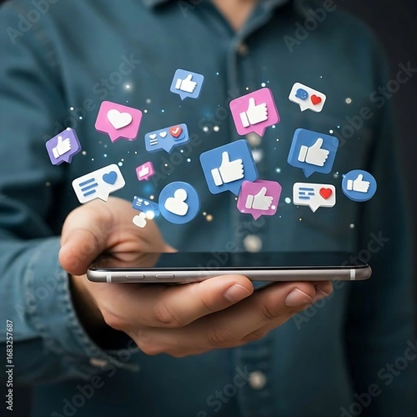 Fototapeta A man holding a tablet with a digital display of floating social media icons like 'like', 'follow', and 'share' buttons