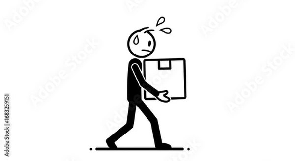 Fototapeta A black and white stick figure illustration depicting a person struggling to carry a heavy cardboard box, showing sweat and effort.