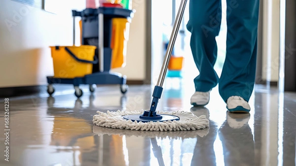 Fototapeta Professional cleaner in uniform mops a shiny polished floor in a hallway with cleaning supplies cart in background